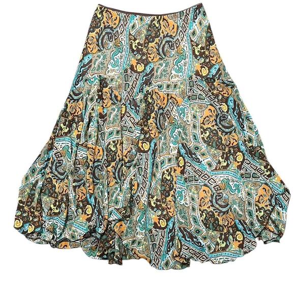 VTG Y2K Newsworthy Brown, Orange & Blue Boho Pattern A-Line Fairy Midi Skirt M/S - Picture 1 of 7